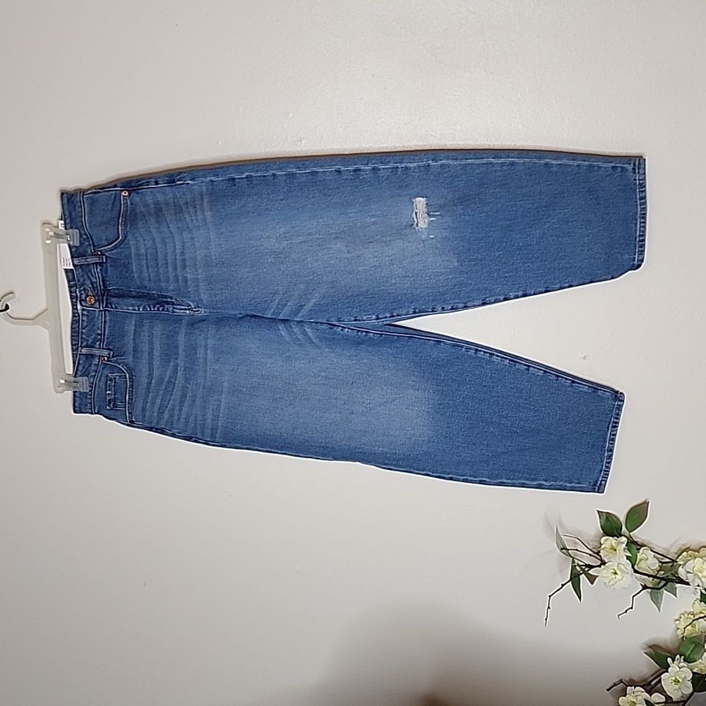 NEW LOFT Destructed Fresh Cut High Rise Barrel Jeans Med Blue Wash Women Spring - Picture 13 of 16